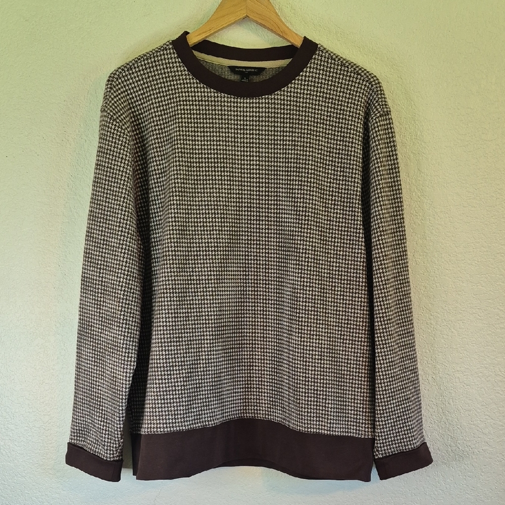 Banana Republic Brown & White Houndstooth Crewneck Pullover Shirt Sz Large